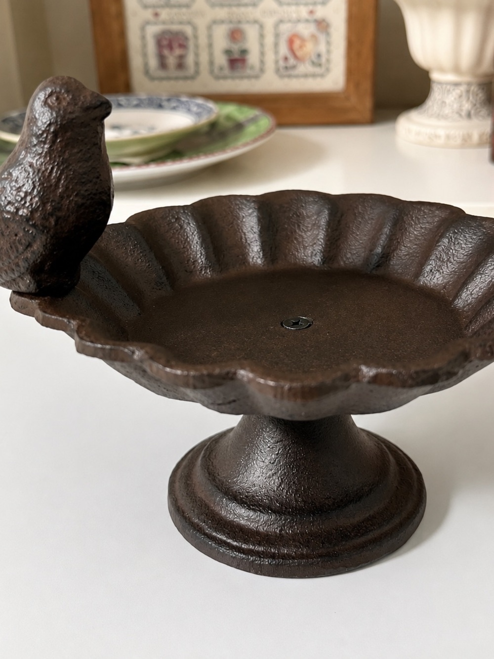 Rustic Cast Iron Bird Pedestal Bowl - Brown